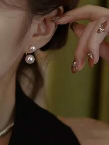 2026新款法式珍珠耳环，轻盈奢华复古时尚优雅银针耳环，女士款 - 白色 - 查看 7