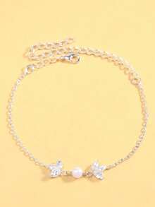 1pc Adjustable Shiny Pearl & Rhinestone Leaf Chain Bracelet, Minimalist Fashion Jewelry For Women - Silver - View 4