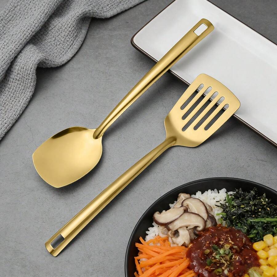 2/6pcs - Stainless Steel Spatula Set, Golden Steak Spatula, Solid Spatula, Non-Stick Cookware, Kitchen Utensil Additions, Dishwasher , Easy To Clean - - - View 1