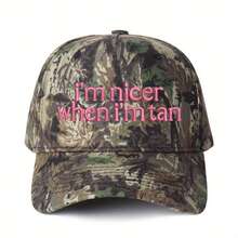 Women's Fun "I'm More Beautiful After Tanning" Trucker Hat - Adjustable Snapback Cap, Beige And Navy Blue Two-Tone Design, Lightweight And Non-Elastic, Suitable For The Beach, Gym, And Everyday Wear - Casual Fashion Accessory, Beach Hat, Gym Hat, Fun Text Design, Embroidered Details, Summer Headwear, Stylish Headwear, Breathable Fabric, Personalized Hat, Women's - 黑色 - 查看 11