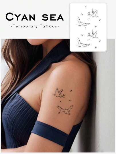 One Temporary Tattoo Sticker, Minimalist Design With Peace Doves And Leaves, Waterproof, Sweatproof, Washable, Non-Reflective, Suitable For Arm And Shoulder Tattoos, Realistic Style, Suitable For Individuals, Lasts 3-5 Days.