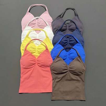 Gym Halter Top Woman Longline Strappy Tank Padded Yoga Clothing Removable Cups Yoga Tank Tops Fitness Workout Running Activewear