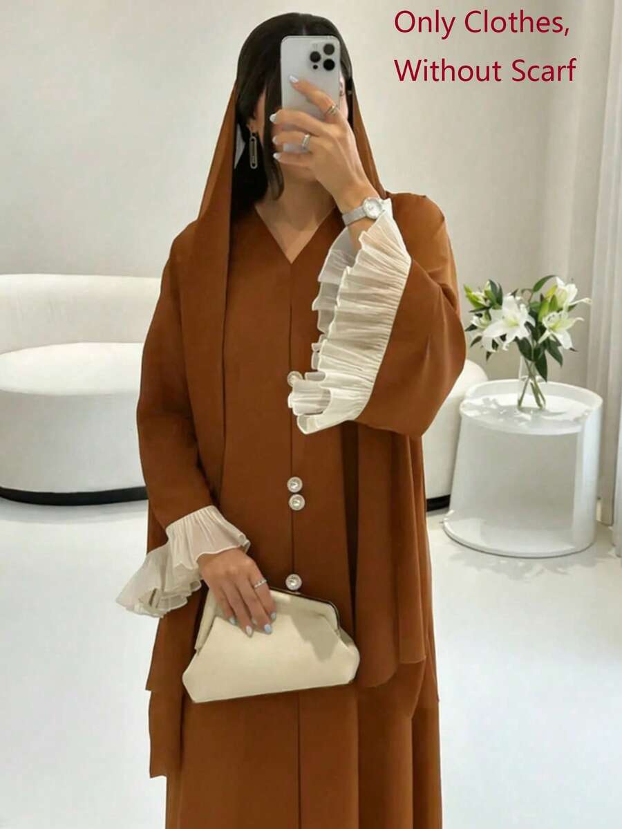Đầm dài nữ thanh lịch cổ chữ V, cài nút trang trí, tay áo xếp ly phối màu tương phản, kiểu dáng giản dị, phù hợp cho đám cưới, tiệc tùng, mặc hàng ngày, đầm maxi đen dáng rộng phong cách Trung Đông mùa xuân - màu nâu - Xem 1