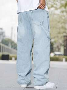 Men's Fashion Distressed Patch Embroidered Wide Leg Jeans - Light Wash - View 2
