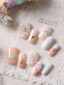 10片装粉蓝光晕大花美甲贴片，短款办公日常佩戴假指甲套装，包含1张粘性贴片和1个迷你指甲锉。 - 彩色 - 查看 2