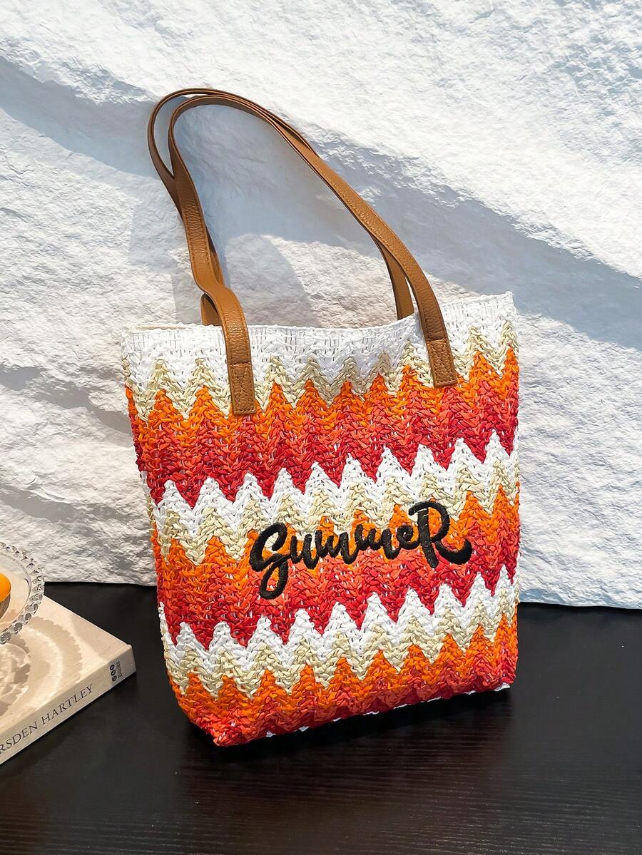 1pc Women's Colorful Woven Tote Bag With Contrast Embroidered Wavy Letter, Large Capacity Shoulder Bag