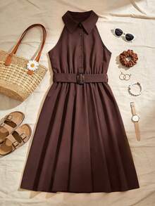 Women's Sleeveless A-Line Mini Dress, Spaghetti Strap Beach Dress, Cute Bohemian Retro Button A-Line Mini Dress Summer - Brown - View 1