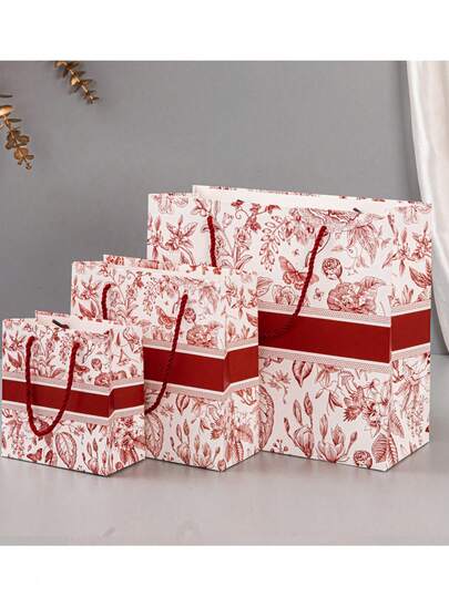 5pcs Vintage Red Gift Bags, Celebratory Birthday Gift Tote Bags, Blue Floral Paper Bags, Elegant Souvenir Packaging Bags