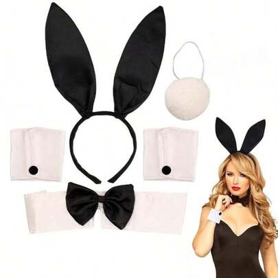 4/5 Pcs Bunny Girl Costume Set, Couple Cosplay Prop, Valentine's Day Outfit, Includes Black Bunny Ear Headband, Bow Tie, Cuffs, Bunny Tail Accessory And Long Black Fingerless Gloves. Women's Halloween Costume, Suitable For Adult Animal Theme Party Role Play, Also Essential For Easter Party, Best Holiday Party Prop, Valentine's Day Gift And Christmas Costume Set.