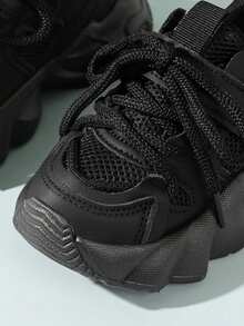 1 Pair Spring/Autumn Fashion Chunky Sneakers, Breathable Mesh Running Shoes For Boys & Girls - Black - View 6