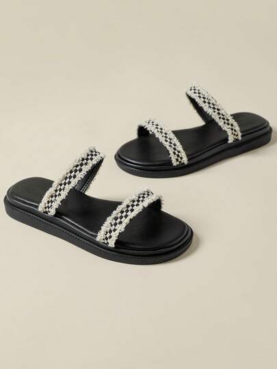 2026 New Strappy Fringe Sandals, Suitable For Beach, Bohemian Style, Comfortable Wedge Heel, Open Toe, Lightweight, Breathable, Color Blocking, Woven Fisherman Shoes, Casual, Elegant, Suitable For Spring/Autumn, Black Round Toe Slip-On Sandals, Plus Size 41-43