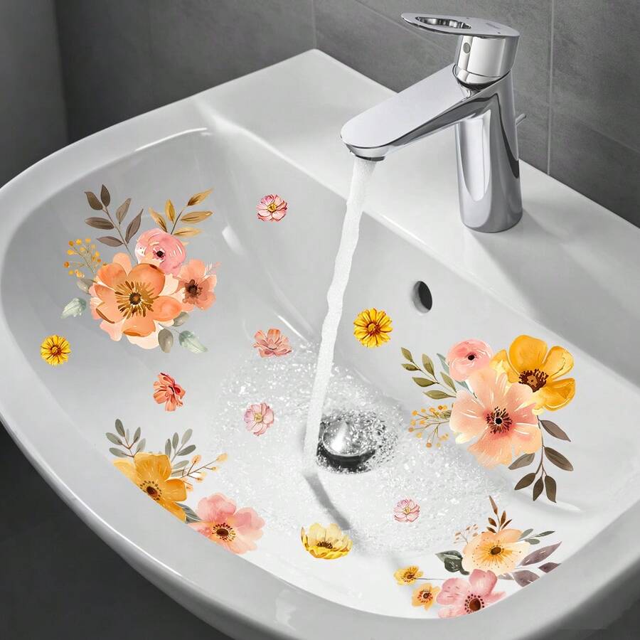 1件 30*30cm 水彩花卉浴室洗手盆貼紙,春季粉色與黃色花朵貼花,防水可移除自黏裝飾,適用於廚房水槽、浴室洗臉盆與檯面 - MK33056 - 查看 1