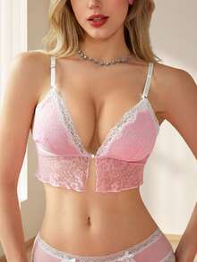 甜美粉色蕾丝深V前开衩三角杯可调节肩带露背文胸，少女内衣 - 粉色 - 查看 6