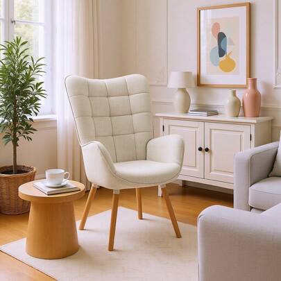 Meubles Cosy Skandinavischer Sessel, Freizeit-Sofasessel mit Stoffbezug, Armlehnen und gepolsterten Beinen aus Massivholz, beige, 68x50x106cm