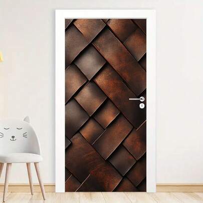 1/2片装墙贴，深棕色皮革编织纹理海报，卧室墙贴，现代墙贴，抽象艺术门贴，可移除自粘门贴