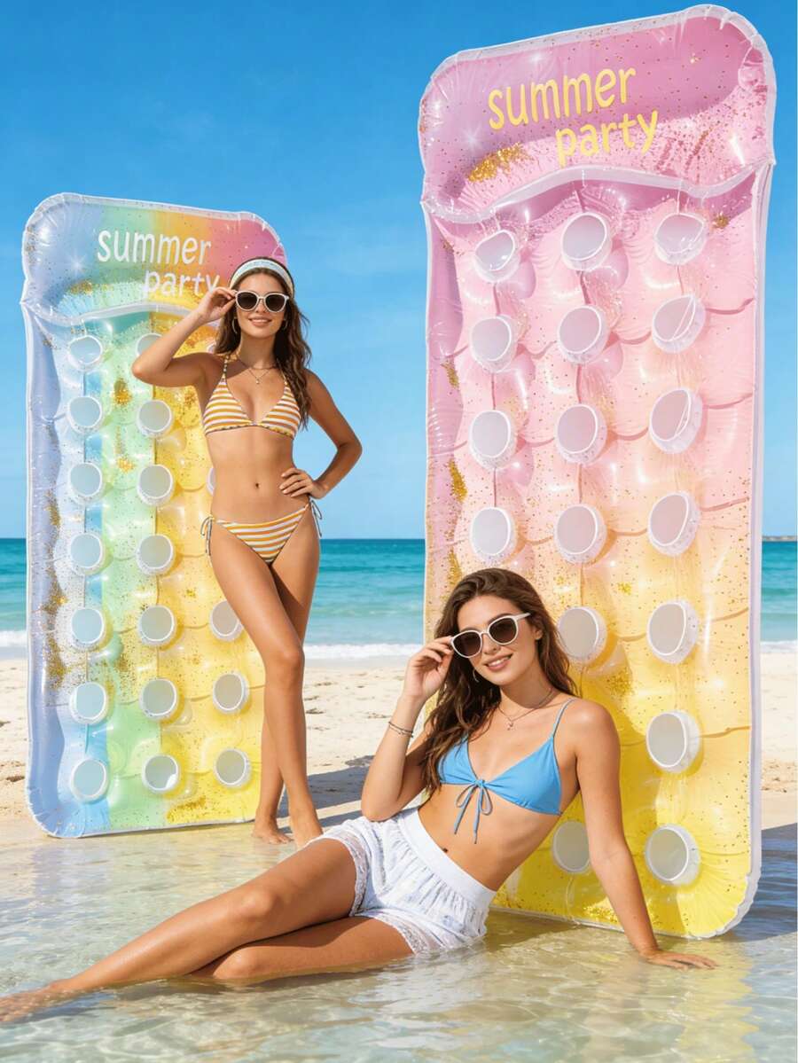 1 pieza Flotador inflable de piscina de verano, material de PVC, patrón de cielo estrellado con lentejuelas hueco, cama flotante inflable, balsa de piscina inflable, adecuado para fiesta de piscina de vacaciones, bomba de aire aleatoria incluida