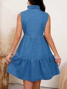 Women's Non-Stretch Sleeveless Ruffle Hem Denim Dress Casual A-Line Dress - Light Wash - View 2