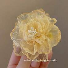 1Pc  Summer Super Fairy Pure Desire Mori Series Eugen Yarn Flower Hairpin Niche Design Side Clip Bangs Clip Atmosphere Hair Accessories - Màu vàng - Xem 5