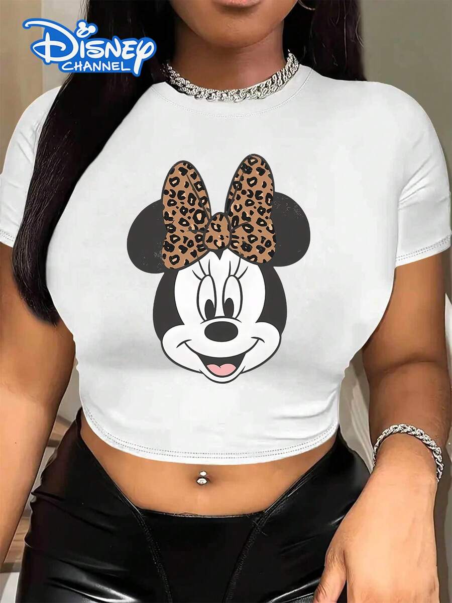 Disney Women's Cropped T-Shirt Featuring Minnie Mouse Cartoon Print. Spring/Summer Women's Sexy Y2K-Style T-Shirt Crafted From Soft, Comfortable Fabric. Perfect For Everyday Wear, Shopping, Parties, Or Lounging At Home. Easy To Wear And Versatile. - 白色 - 查看 1