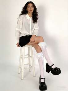 1双女士白色蕾丝荷叶边蝴蝶结袜子 | 日系可爱甜美洛丽塔风格 | 百搭日常穿搭 | 休闲及角色扮演皆宜 - 彩色 - 查看 4