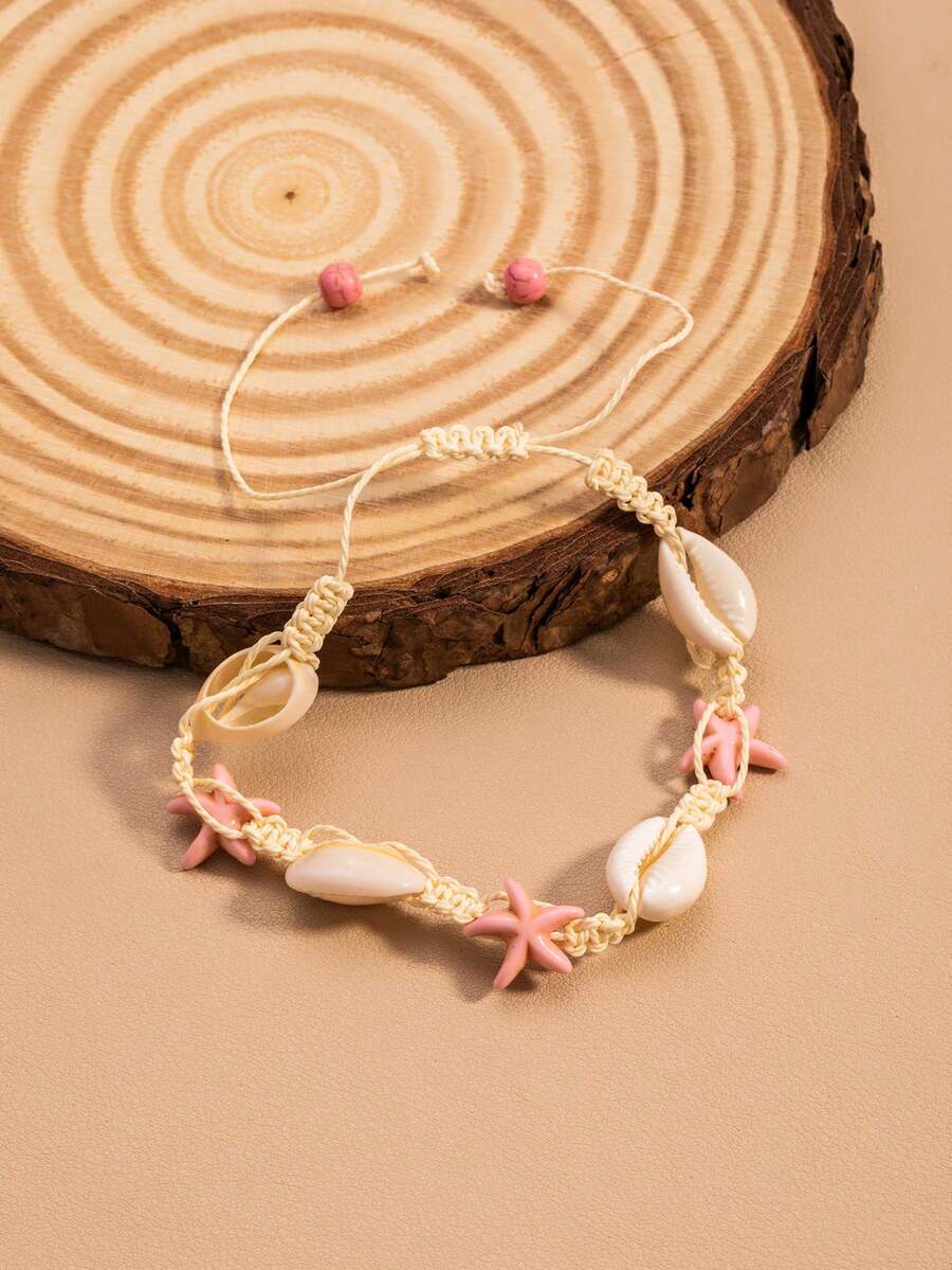 1pc Fashionable & Cute Starfish & Shell Design Anklet, Suitable For Beach Wear And Daily Wear - Pink - View 1