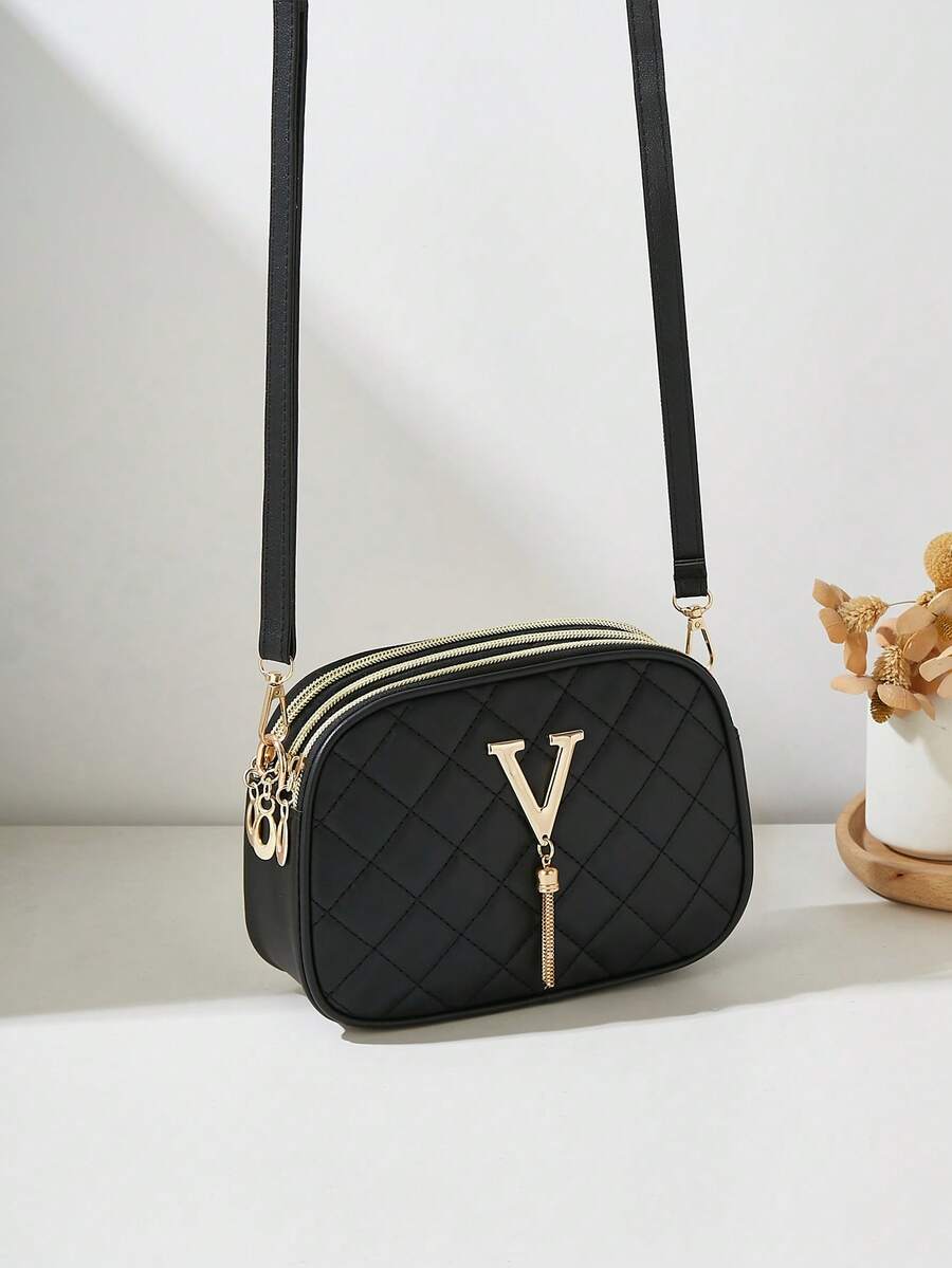 1pc Fashionable Casual Rhombus Shoulder Bag, 3 Zipper Design, Exquisite V-Shape Metal Decor, Large Capacity, Suitable For Daily Shopping And Travel - Black - View 1