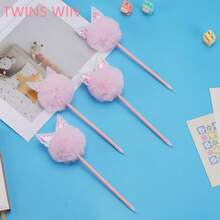 3/6pcs Glitter Liquid Quicksand Cat Ear Pom Pom Ballpoint Pens, Smooth Writing, Flowing Ink, Smudge-Proof, Quick-Drying, Suitable For Journaling, Note-Taking, Office And School - Cat Ear Ballpoint Pen - View 6