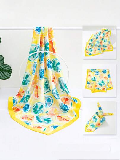 1件新款柠檬图案时尚百搭小方巾，花卉印花发带/腕带/领巾配饰