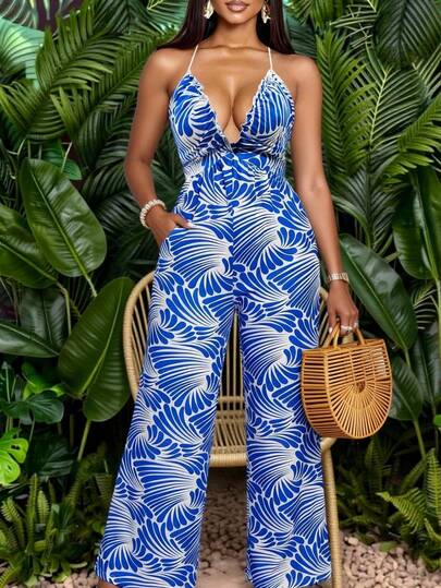 Women's Light Blue Striped Casual Wide Leg Halter Neck Backless Tie Bow Jumpsuit,Tropical Vacation Woman Clothes,Brunch Outfits For Women, Beachwear, Summer Outfit,Boho