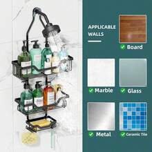 Shower Caddy Hanging, 3 Tier Rustproof Shower Organizer, Shower Rack With Baskets/Soap Basket, Hooks For Razor/Sponge, No Drilling Bathroom Organizer Over Showerhead - Black - Black - View 7