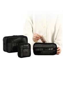 3pcs Mesh Cosmetic Bags, Multi-Functional Toiletry Storage Pouch, Portable Nylon Makeup Organizer Bags For Travel - 3pcs/set(ABC) - View 2