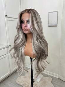 Highlight Ash Blonde Body Wave Synthetic Wigs Natural Looking 13x4 HD Lace Front Wigs For Women Blonde Colored Glueless Lace Frontal Wig Water Wave Synthetic Heat Resistant Fiber Wigs For Daily Wear - 漸層金髮女郎 - 查看 4