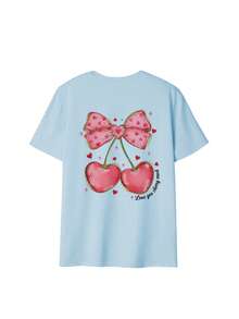 Women's Summer Valentine's Day New Minimalist Bow Heart Print Casual Vacation Loose Versatile Round Neck Beige Short Sleeve T-Shirt, Fashionable Everyday Top, Suitable For Daily Vacation, Suitable For Valentine's Day Date - Baby Blue - View 3