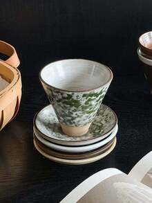 1 Set Retro Thick Pottery Mountain Mist Mocha Coffee Cup & Saucer, Japanese Coolie Hat Latte Mug, Niche Gift Cup & Saucer Set, Suitable For Home, Restaurant, Cafe, Gathering - Green - View 11