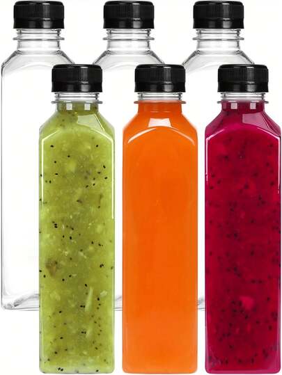 3/6 piezas Botellas de jugo de plástico transparente con tapas, diseño reutilizable con tapas a prueba de fugas, adecuado para almacenar batidos, jugo de cúrcuma, leche y otras bebidas