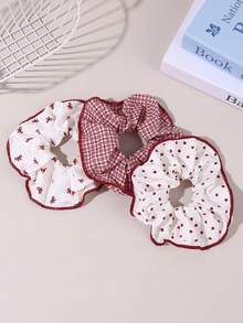 3条装女童酒红色发圈，波点、格子和蝴蝶结图案发绳，柔软雪纺和方格布面料，复古又充满女人味的春季发圈，适合日常造型和休闲外出。 - 彩色 - 查看 5