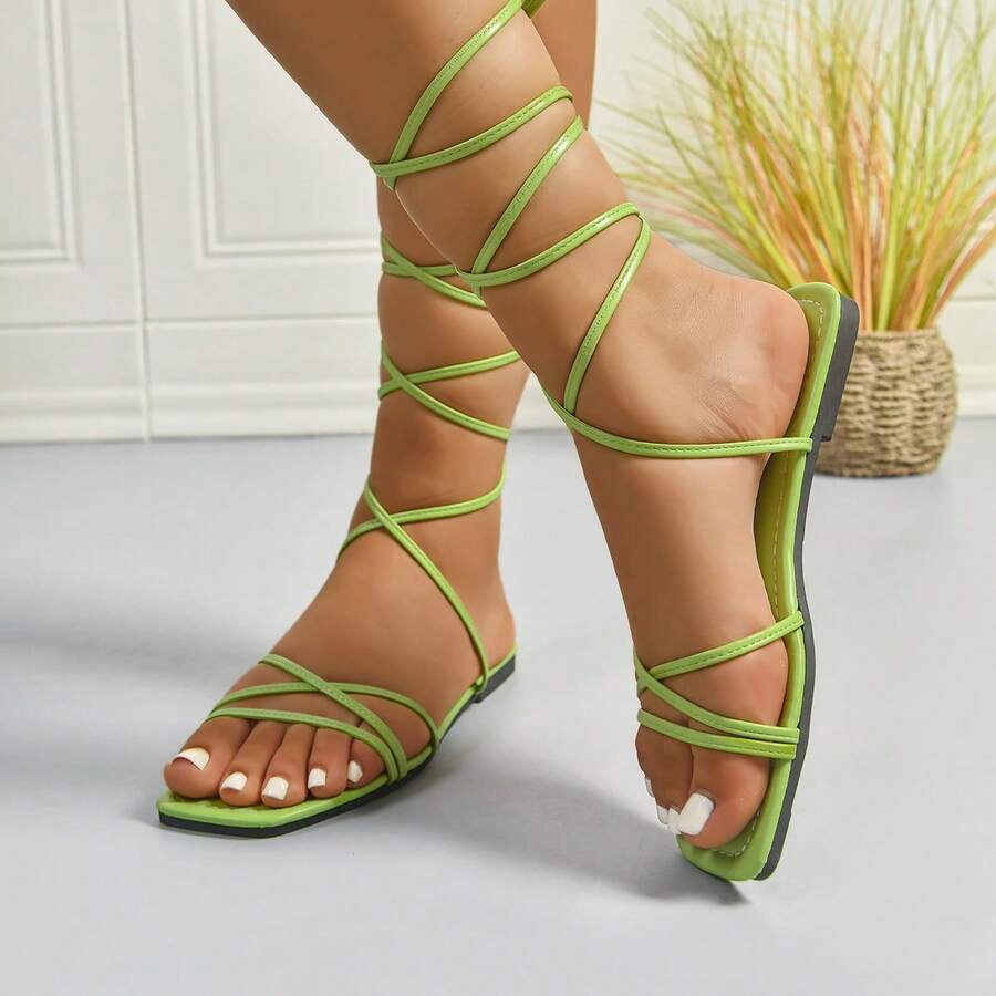 Sandal đế bằng buộc dây, mũi vuông, dệt kim, kiểu dáng thường ngày dành cho nữ. - màu xanh lá - Xem 1