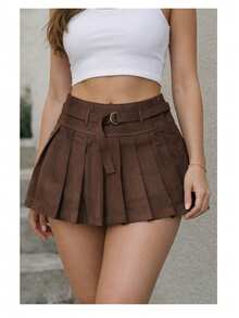 Women's Tailored Pleated Shorts/Skirt With Belt - Casual, Versatile, And - Rỉ Nâu - Xem 2