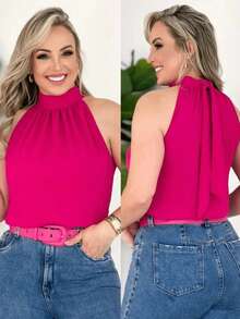 Women's Tank Top With High Neck And Ruched Detail - Summer Dune - Hot Pink - View 1