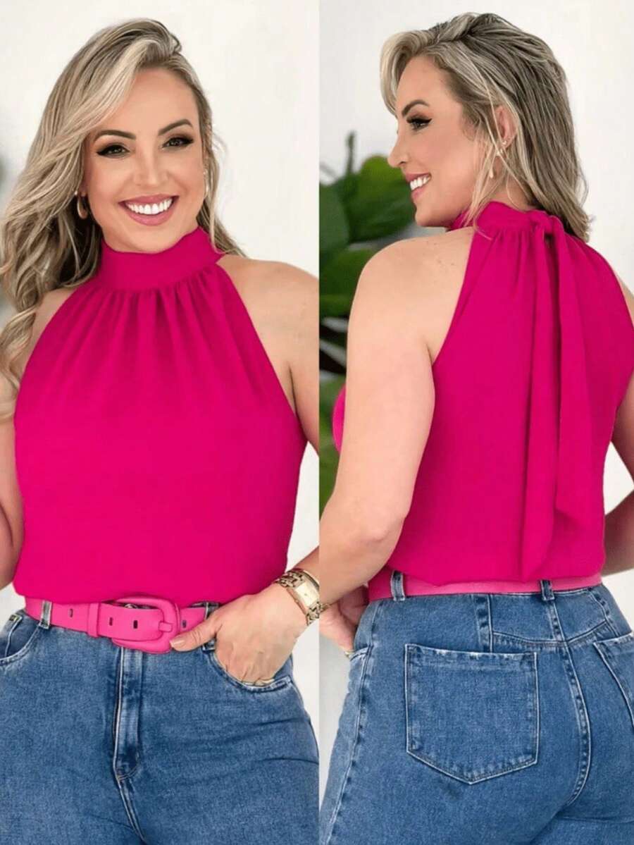Women's Tank Top With High Neck And Ruched Detail - Summer Dune - Hot Pink - View 1