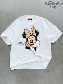 Disney Printed T-Shirt,Disney Polka Dot Bow Minnie Mouse  Pattern Print,100% Cotton Material,Suitable For All Seasons, Comfortable And Breathable| Exquisite Design | The Best Choice For Giving Gifts - trắng - Xem 2