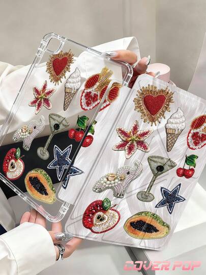 1pc Fashionable & Unique Beaded Heart, Pomegranate, Star, Flower Pattern Waterproof, Fingerprint-Proof Tablet Protective Case, Compatible With Apple 10.2" / Pro 11" 2020/2021, 10 2022(10.9-Inch), (A16) 11" 11th Gen 2025, 9th/10th Gen, Apple Air 4th 10.9", Galaxy Tab S6 Lite 10.4", Kindle (11th Generation-2024 Release)/, Anti-Drop, With Pencil Slot, Sleep/Wake Support, Romantic Gift For Friends And Family