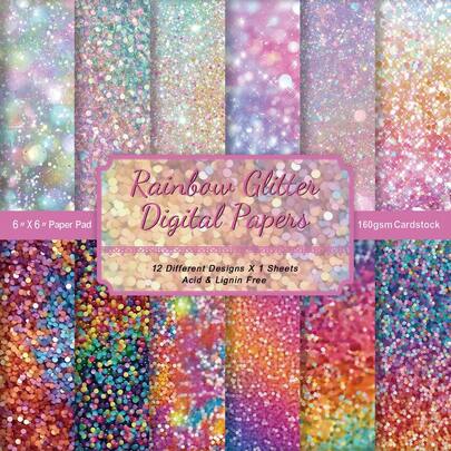 12张闪光剪贴簿纸垫 - 彩色闪光图案工艺纸，适用于日记、拼贴画、卡片制作、相册装饰和手工制作，剪贴簿用品