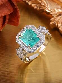 方形四爪浅绿色合成锆石可调节开口戒指，女士珠宝礼品 - 白色 - 查看 1