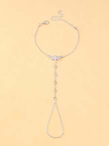 1pc Silver Bohemian Style Geometric Zirconia Knuckle Hand Chain Bracelet For Women, Summer Beach Jewelry - Silver - View 2