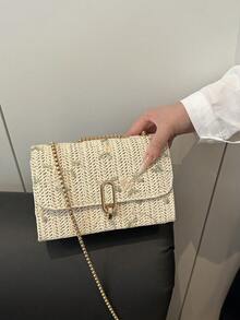 时尚草编单肩包，小方包配链条 - 卡其色 - 查看 4