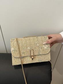 时尚草编单肩包，小方包配链条 - 卡其色 - 查看 1