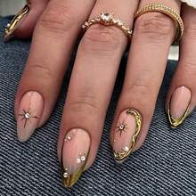24pcs Shiny Gold French Medium Almond False Nails Set, Decorated With Irregular 3D Gold-Plated Star And Gorgeous Sparkling Rhinestones, Making You Look Elegant Prettyl, Perfect For Parties And Dances. - Gold - View 10