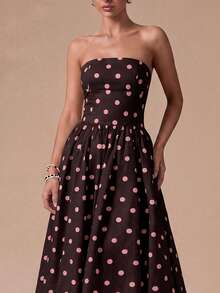 优雅复古波西米亚风波点无肩带泡泡裙摆中长连衣裙 - 适合婚礼宾客、派对、海滩、夏季度假、外出和毕业典礼 - 巧克力棕 - 查看 5