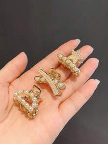 7pcs Rhinestone Alloy Mini Hair Clips, Faux Pearl Petite Delicate Small Hair Claws, Girls Daily Bangs & Side Hair Clips - Multicolor - View 2